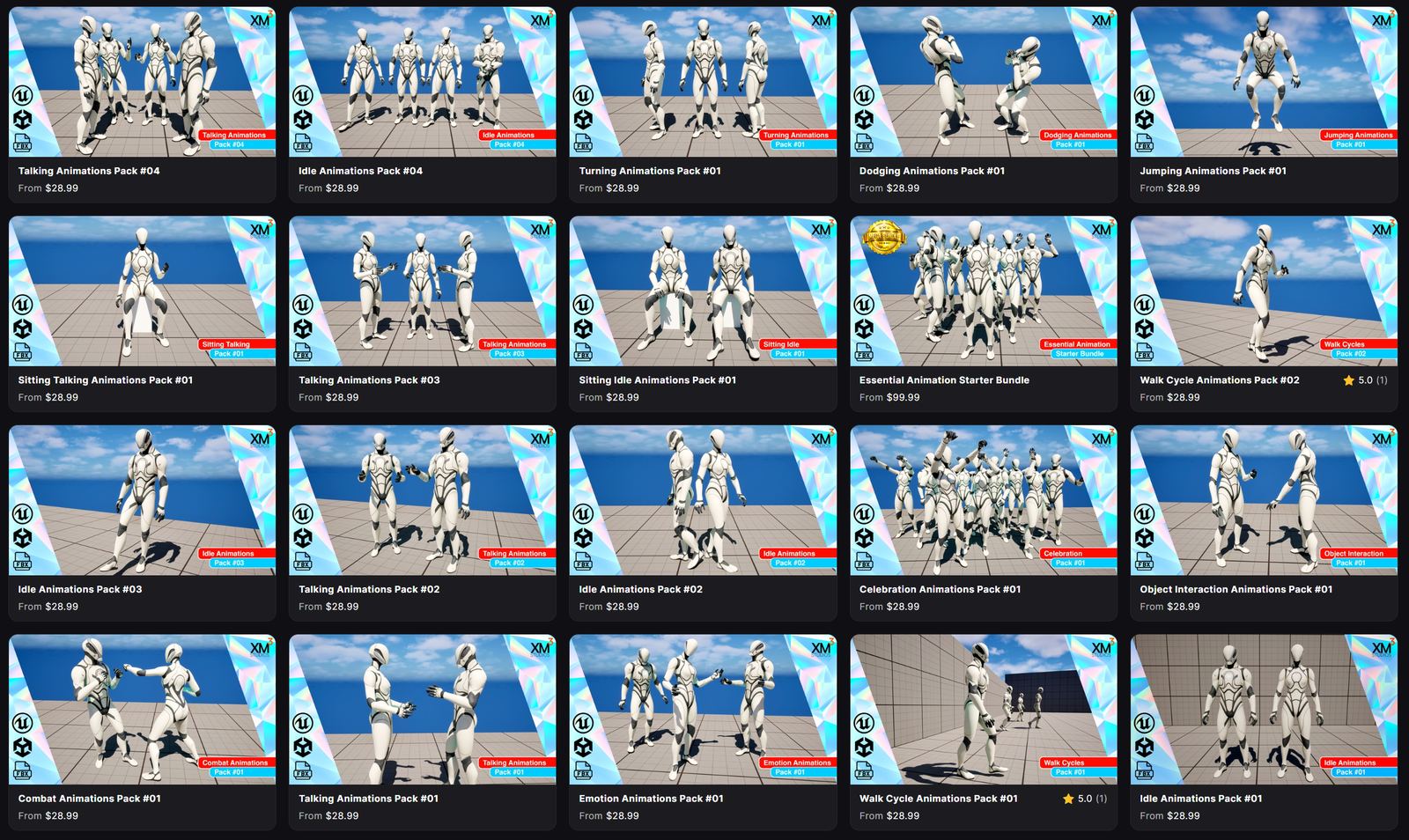 The XM3 Studios catalog on Fab: a grid of animation packs including talking, idle, turning, dodging, jumping, sitting, walk cycle, celebration, object interaction, combat and emotion packs, plus the Essential Animation Starter Bundle.